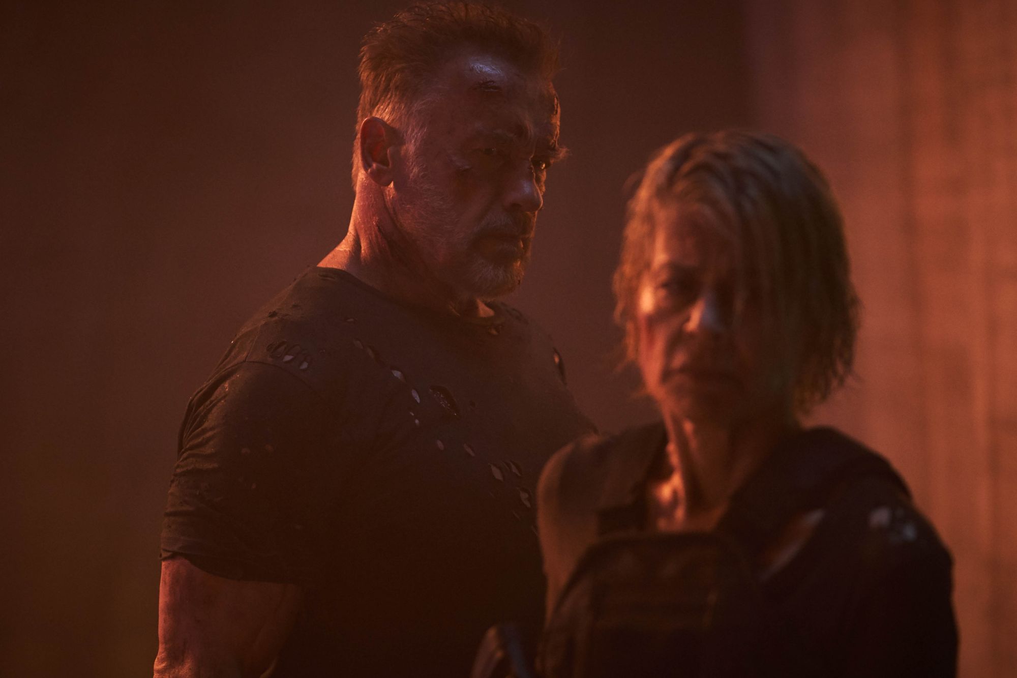 Arnold Schwarzenegger stars as The Terminator and Linda Hamilton stars as Sarah Connor in Paramount Pictures' Terminator: Dark Fate (2019)