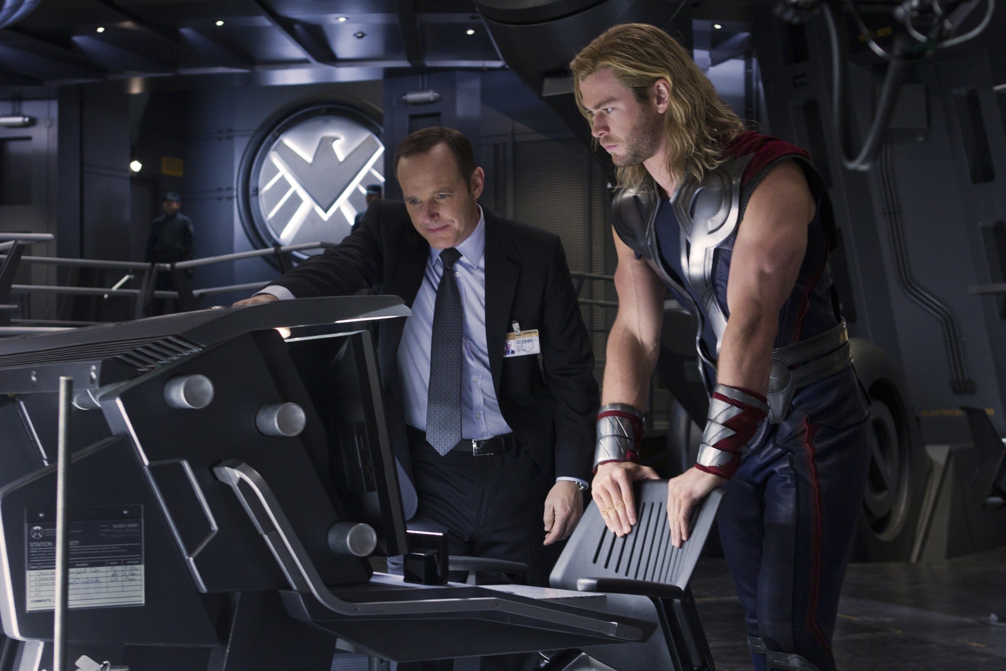 Clark Gregg stars as Agent Phil Coulson and Chris Hemsworth stars as Thor in Walt Disney Pictures' The Avengers (2012)