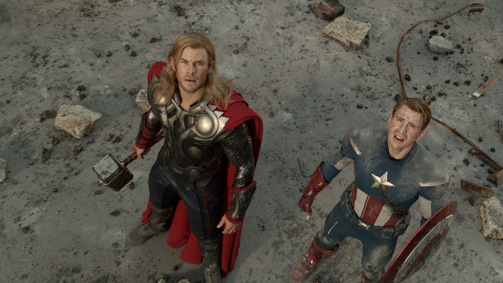 Chris Hemsworth stars as Thor and Chris Evans stars as Steve Rogers/Captain America in Walt Disney Pictures' The Avengers (2012)