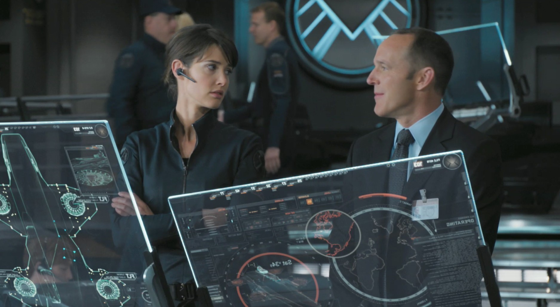 Cobie Smulders stars as Maria Hill and Clark Gregg stars as Agent Phil Coulson in Walt Disney Pictures' The Avengers (2012)