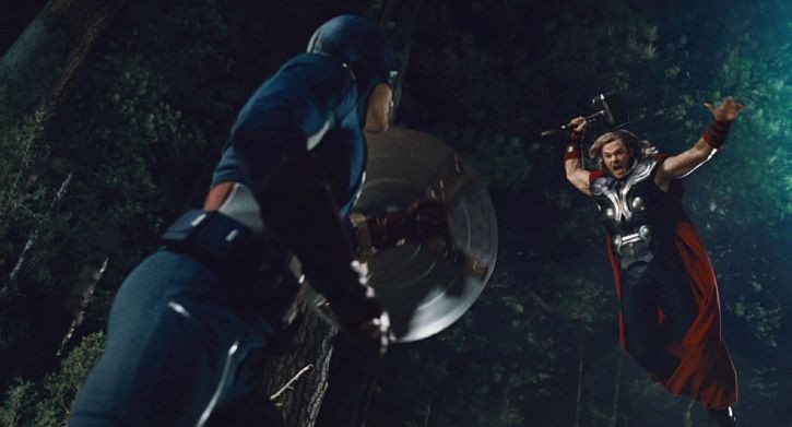 Chris Evans stars as Steve Rogers/Captain America and Chris Hemsworth stars as Thor in Walt Disney Pictures' The Avengers (2012)