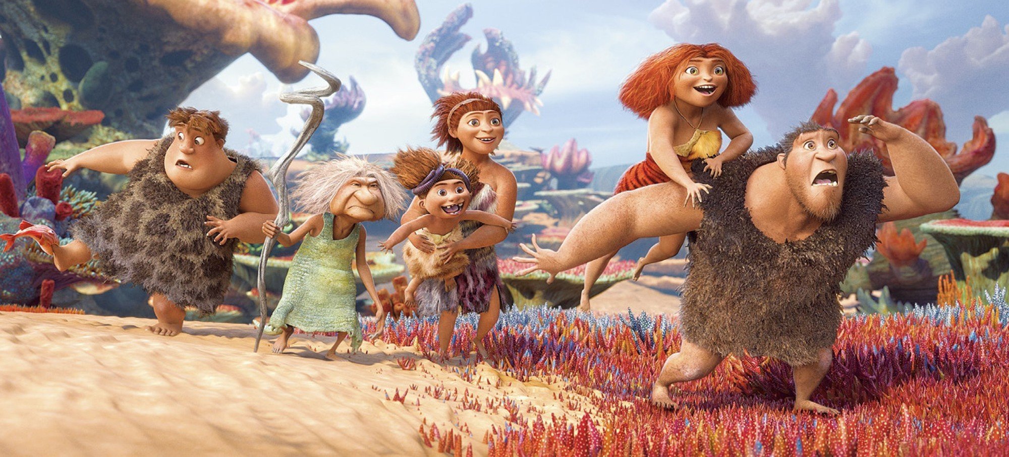 Thunk, Gran, Sandy the baby, Ugga, Eep and Grug from 20th Century Fox's The Croods (2013)