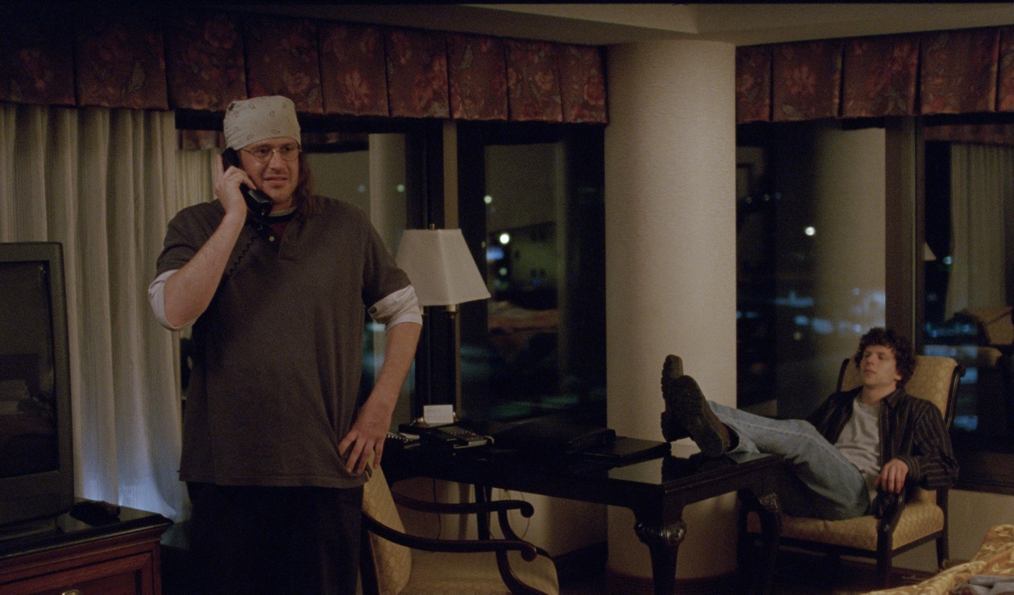 Jason Segel stars as David Foster Wallace and Jesse Eisenberg stars as David Lipsky in A24's The End of the Tour (2015)
