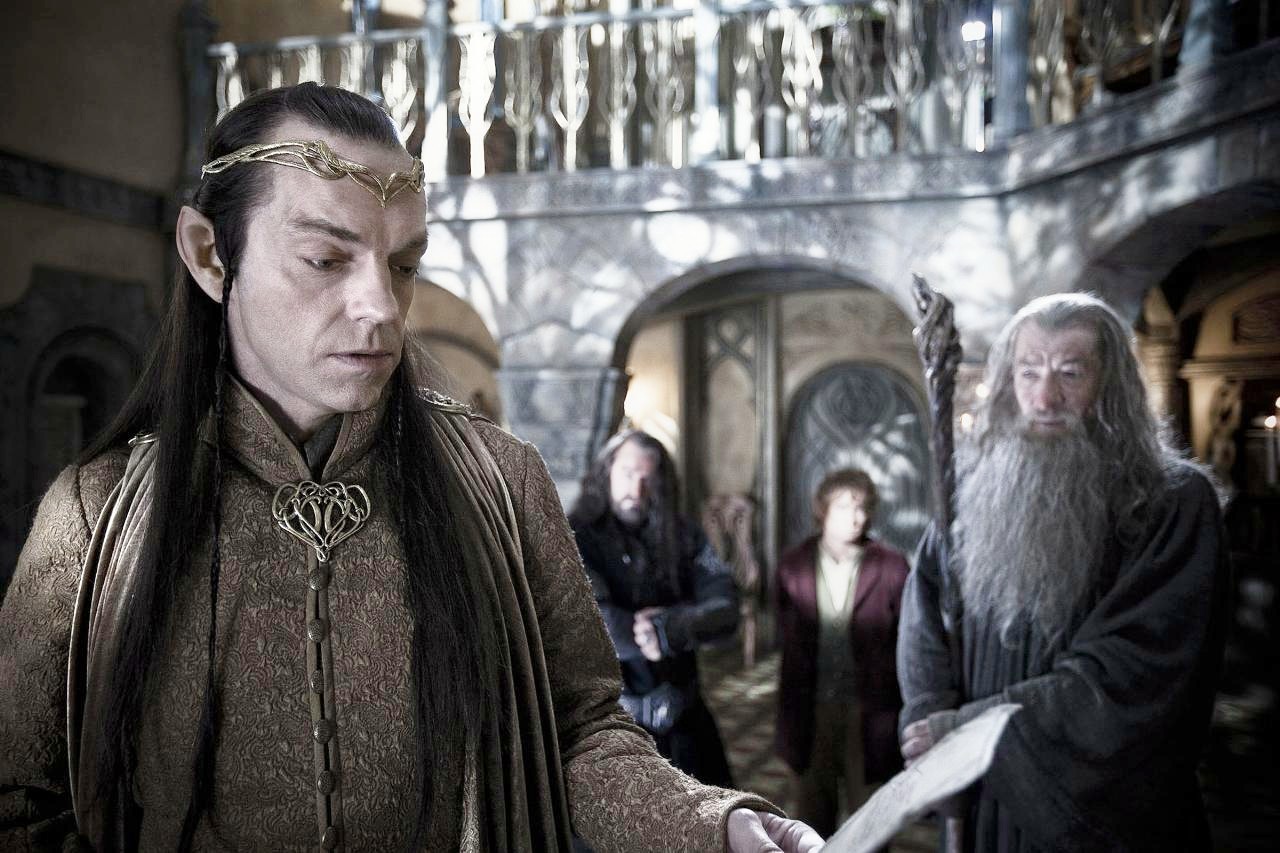 Hugo Weaving stars as Elrond and Ian McKellen stars as Gandalf in Warner Bros. Pictures' The Hobbit: An Unexpected Journey (2012)