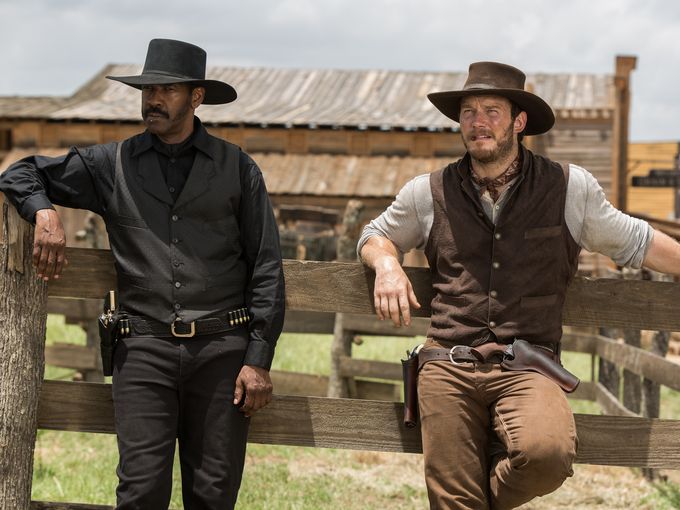 Denzel Washington stars as Sam Chisolm and Chris Pratt stars as Josh Farraday in Columbia Pictures' The Magnificent Seven (2016)