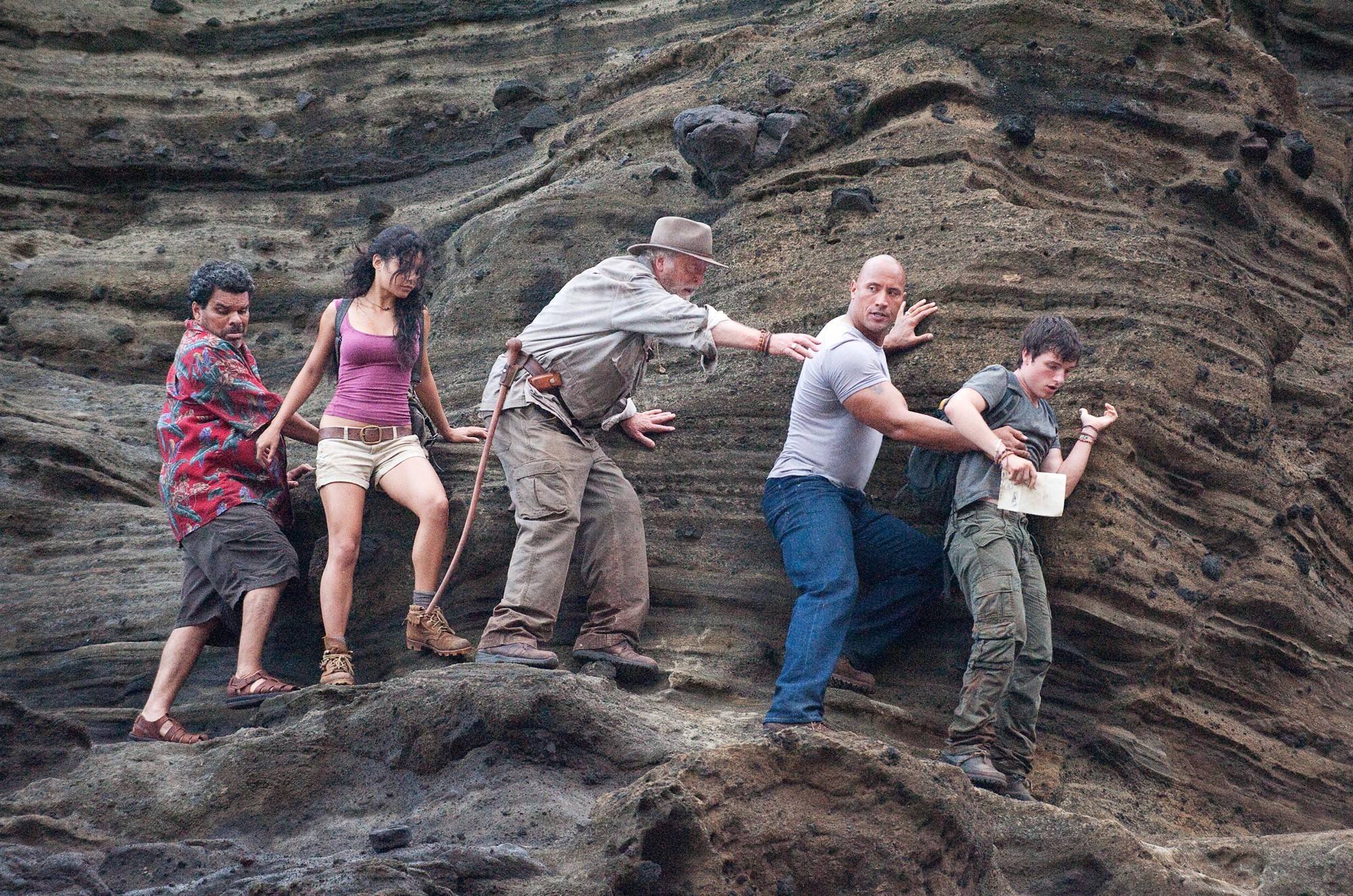 Luis Guzman, Vanessa Hudgens, Michael Caine, The Rock and Josh Hutcherson in Warner Bros. Pictures' Journey 2: The Mysterious Island (2012)