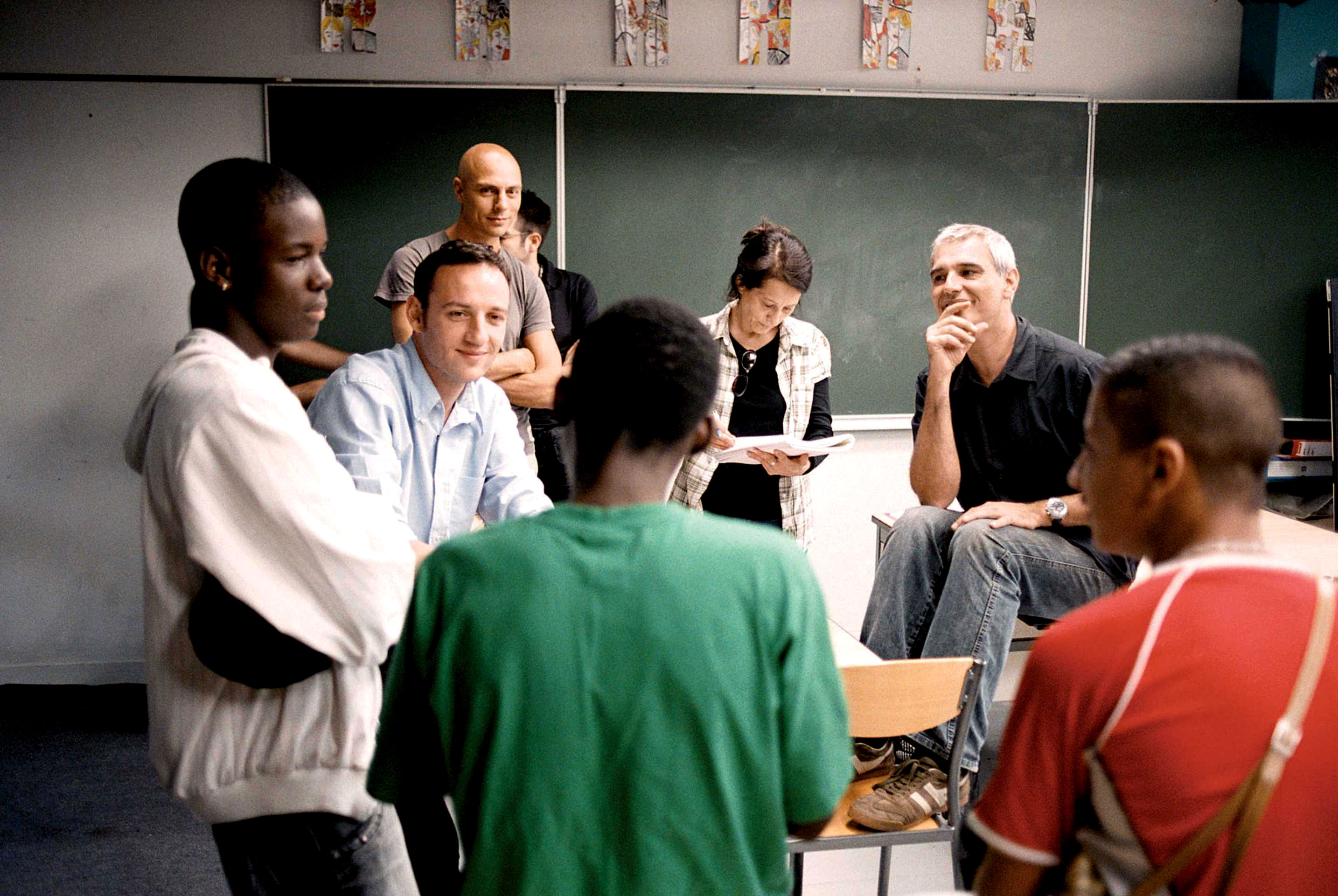 Frank Keita, Francois Begaudeau and Laurent Cantet in Sony Pictures Classics' The Class (2008). Photo credit by Pierre Milon.