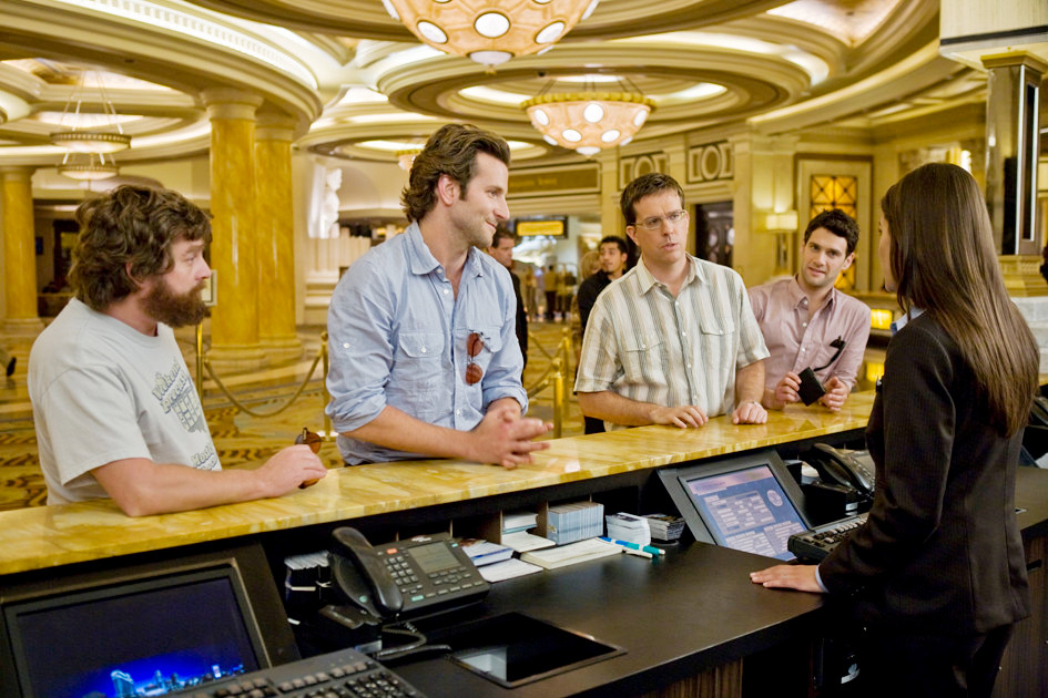 Zach Galifianakis, Bradley Cooper, Ed Helms and Justin Bartha in Warner Bros. Pictures' The Hangover (2009)