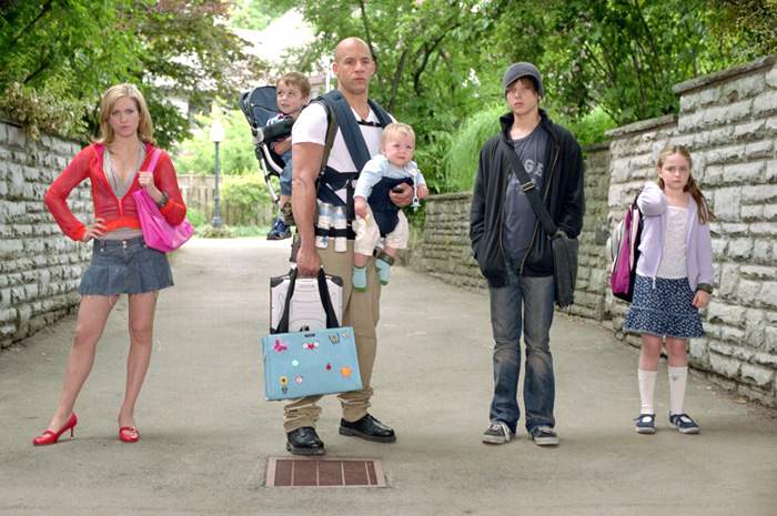 (L-R) Brittany Snow, Vin Diesel, Max Thieriot and Morgan York in Buena Vista Pictures' THE PACIFIER (2005)