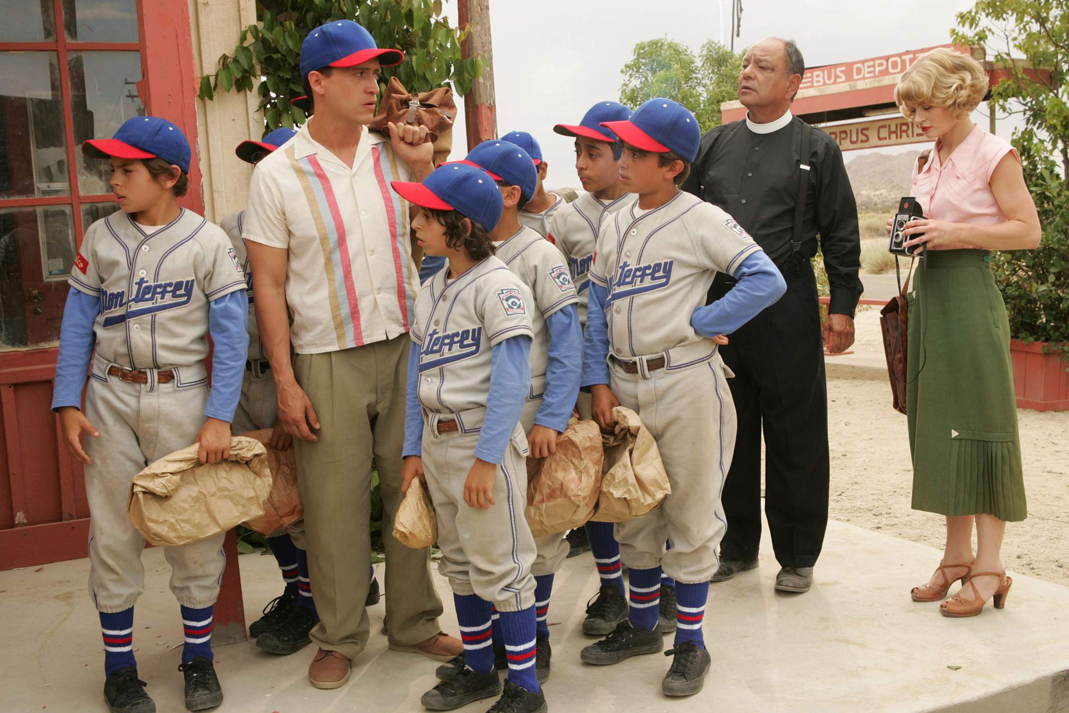 Jake T. Austin, Clifton Collins Jr., Moises Arias, Mario Quinonez, Jansen Panettiere, Cheech Marin and Emilie de Ravin in Image Entertainment's The Perfect Game (2011). Photo credit by Vivian Zink.