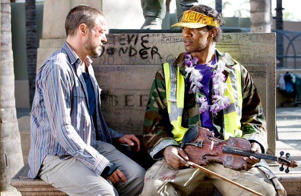Robert Downey Jr. stars as Steve Lopez and Jamie Foxx stars as Nathaniel Ayers in DreamWorks' The Soloist (2009)
