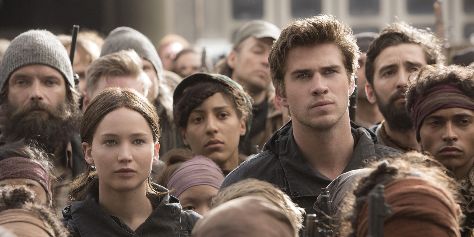 Jennifer Lawrence stars as Katniss Everdeen and Liam Hemsworth stars as Gale Hawthorne in Lionsgate Films' The Hunger Games: Mockingjay, Part 2 (2015)