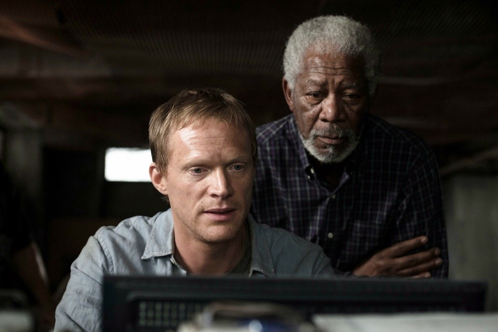 Paul Bettany stars as Max Waters and Morgan Freeman stars as Joseph Tagger in Warner Bros. Pictures' Transcendence (2014)
