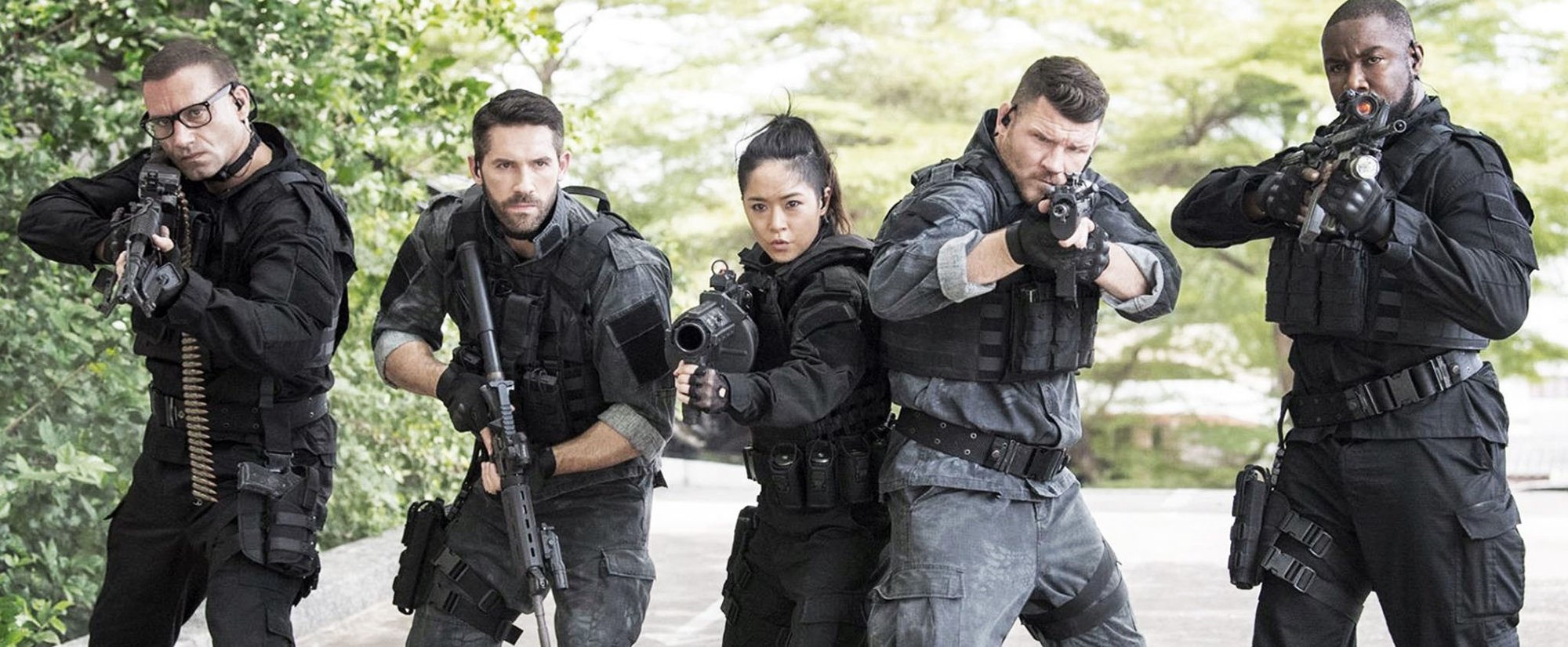 Ron Smoorenburg, Scott Adkins, JeeJa Yanin, Michael Bisping and Michael Jai White in Well Go USA's Triple Threat (2019)