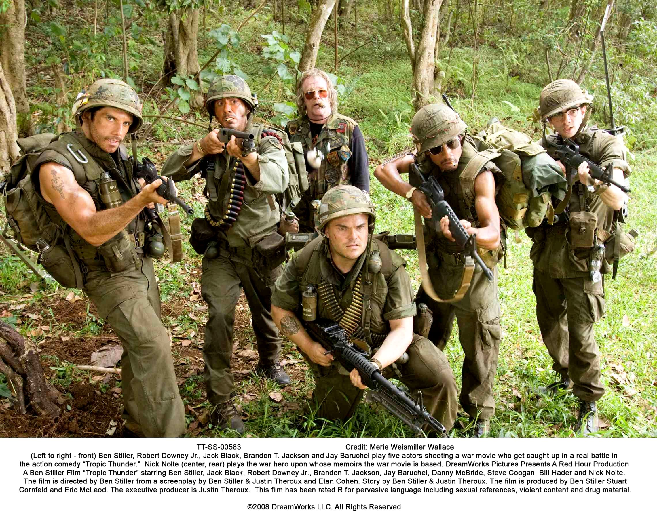 Ben Stiller, Robert Downey Jr., Jack Black, Nick Nolte, Brandon Jackson and Jay Baruchel in DreamWorks Pictures' Tropic Thunder (2008). Photo credit by Merie Weismiller Wallace.