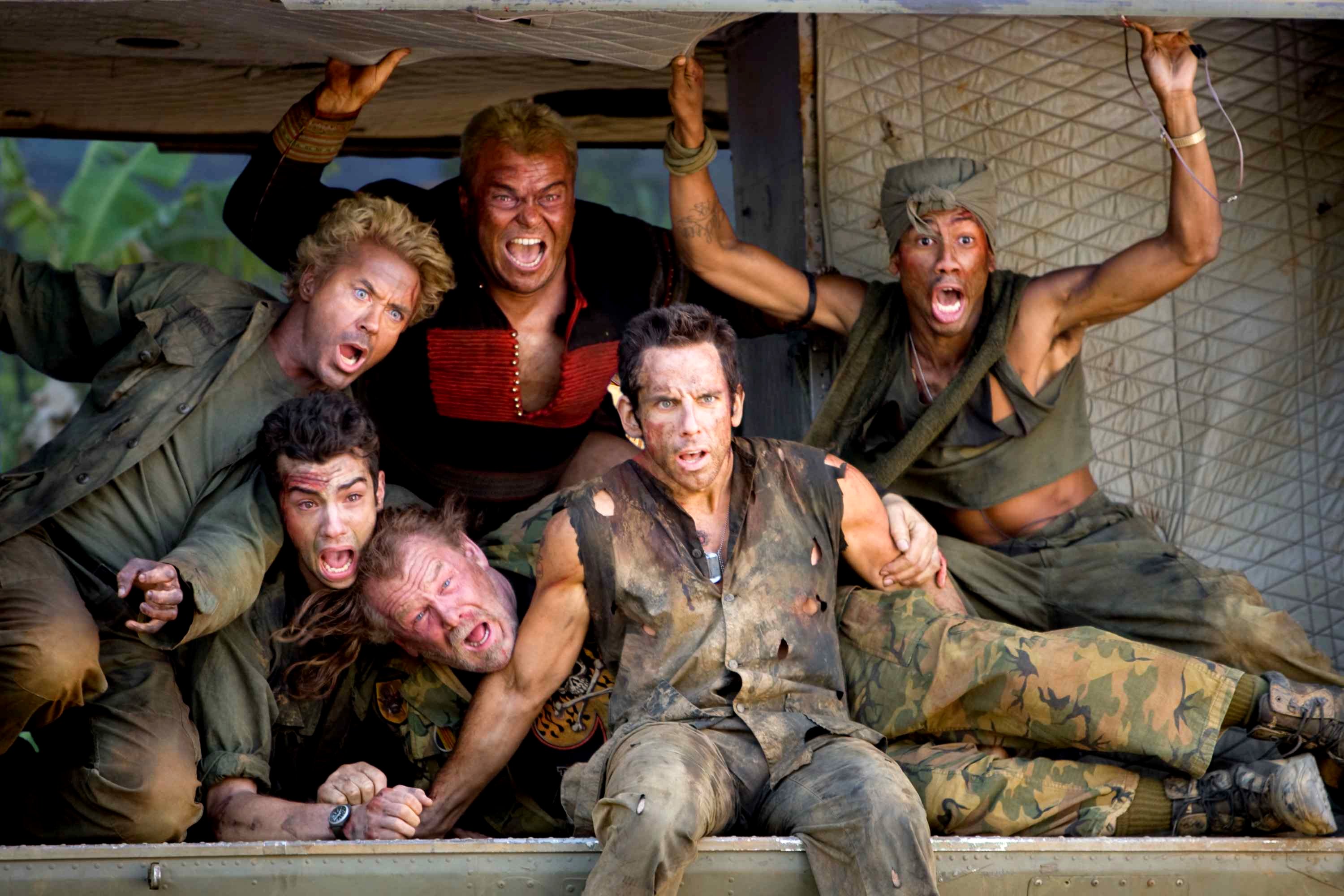 Robert Downey Jr., Jay Baruchel, Nick Nolte, Jack Black, Ben Stiller and Brandon Jackson in DreamWorks Pictures' Tropic Thunder (2008). Photo credit by Merie Weismiller Wallace.