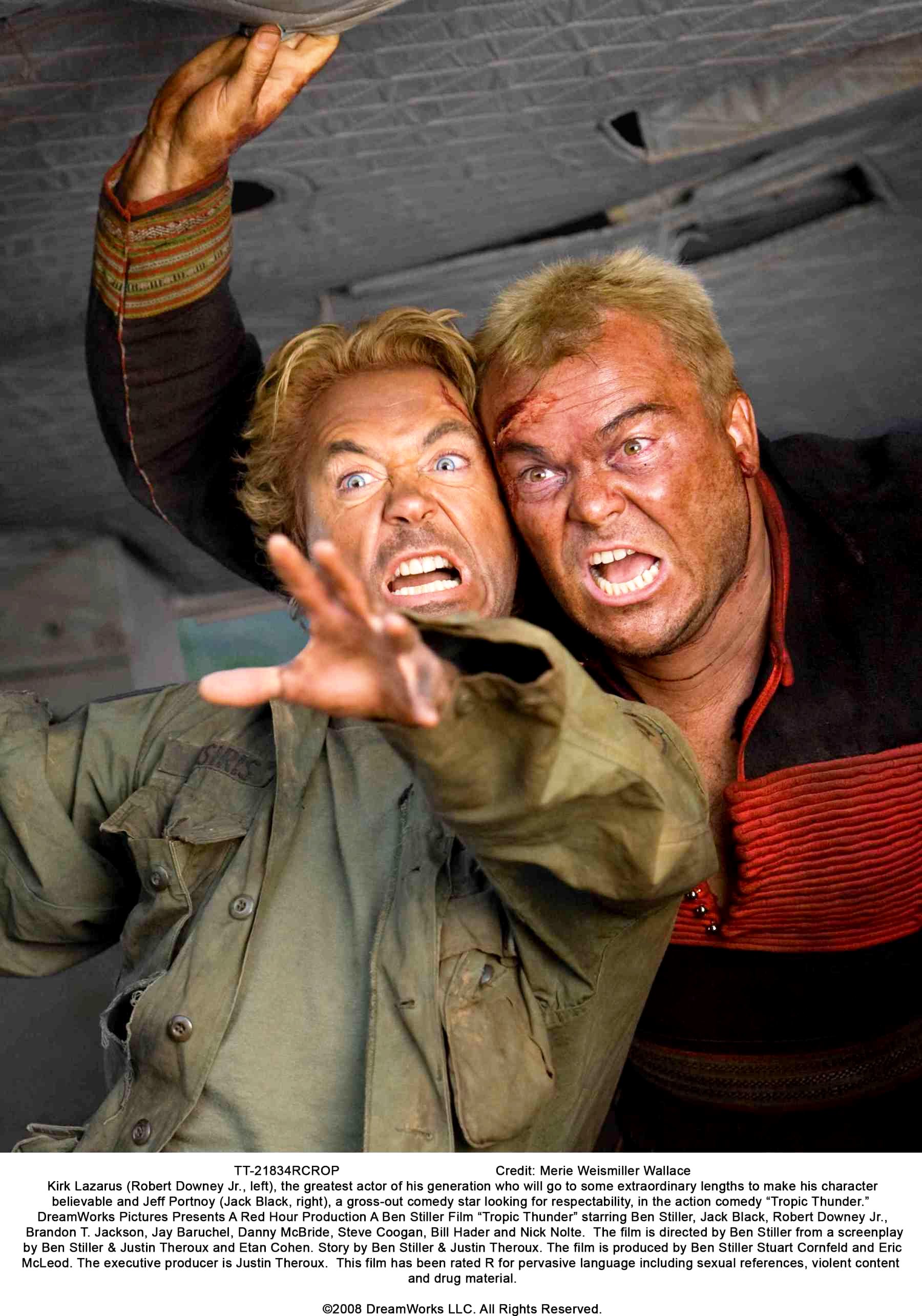 Robert Downey Jr. stars as Kirk Lazarus and Jack Black stars as Jeff Portnoy in DreamWorks Pictures' Tropic Thunder (2008). Photo credit by Merie Weismiller Wallace.