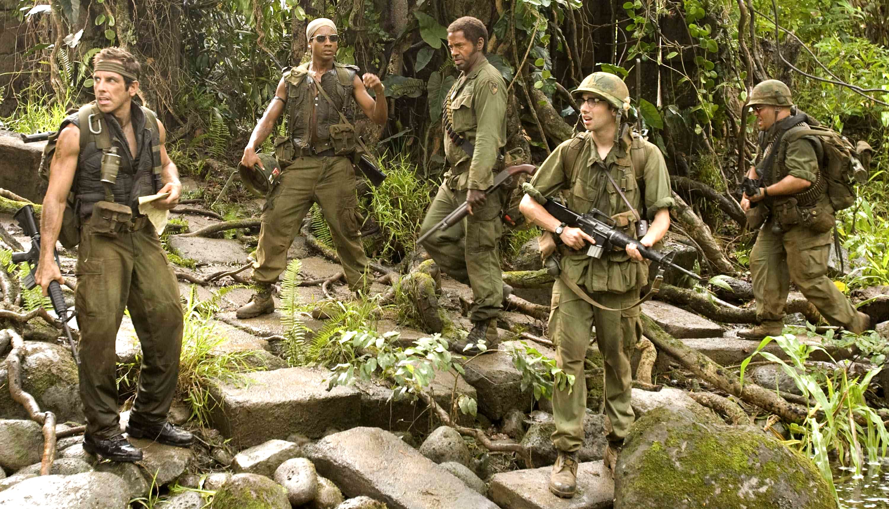 Ben Stiller, Brandon Jackson, Robert Downey Jr., Jay Baruchel and Jack Black in DreamWorks Pictures' Tropic Thunder (2008)