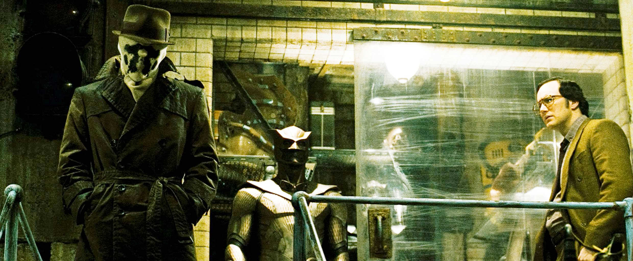 Jackie Earle Haley stars as Walter Kovacs, aka Rorschach and Patrick Wilson as Dan Dreiberg, aka Nite Owl in Warner Bros Films' Watchmen (2009)