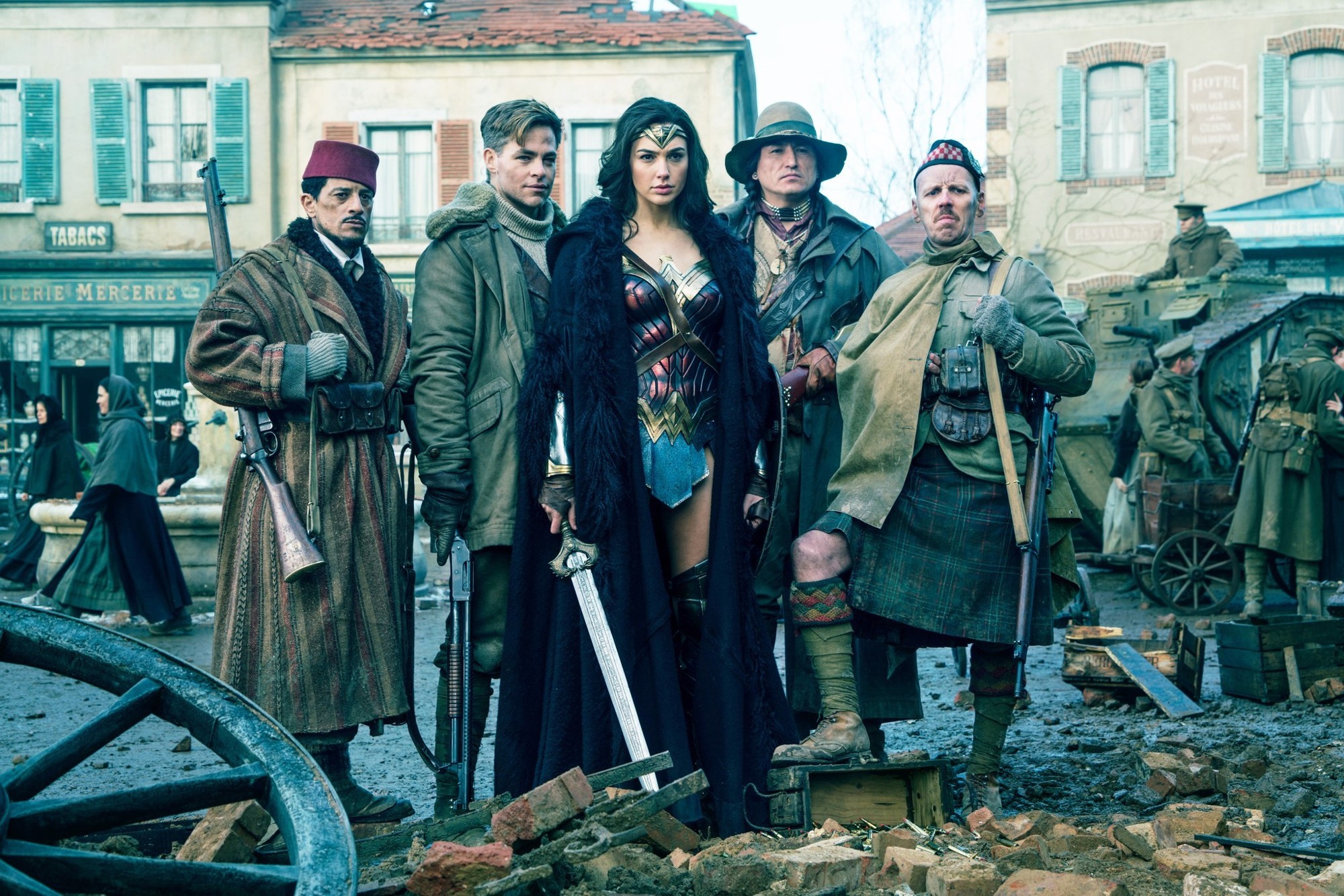 Said Taghmaoui, Chris Pine, Gal Gadot, Eugene Brave Rock and Ewen Bremner in Warner Bros. Pictures' Wonder Woman (2017)