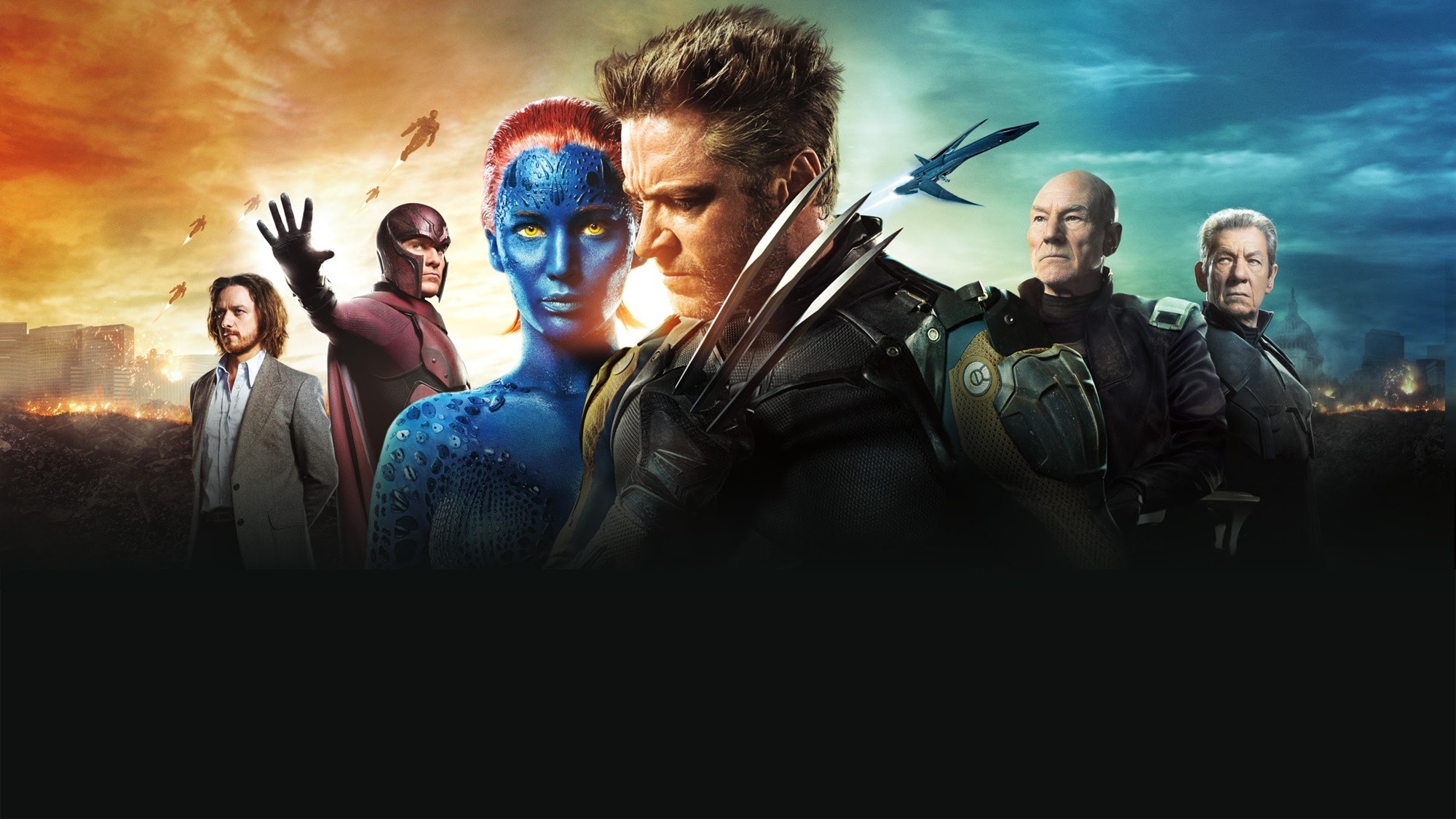 James McAvoy, Michael Fassbender, Jennifer Lawrence, Hugh Jackman, Patrick Stewart and Ian McKellen in 20th Century Fox's X-Men: Days of Future Past (2014)