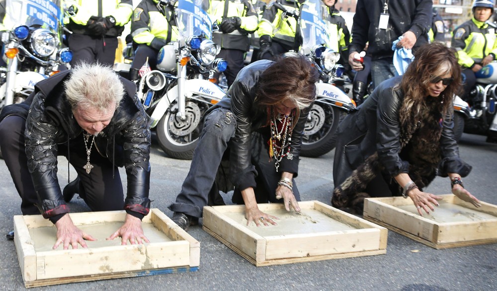 Joey Kramer;Joe Perry;Steven Tyler;Aerosmith;<br>Aerosmith Leave Their Hand Prints After Performing in Front of 1325 Commonwealth Ave