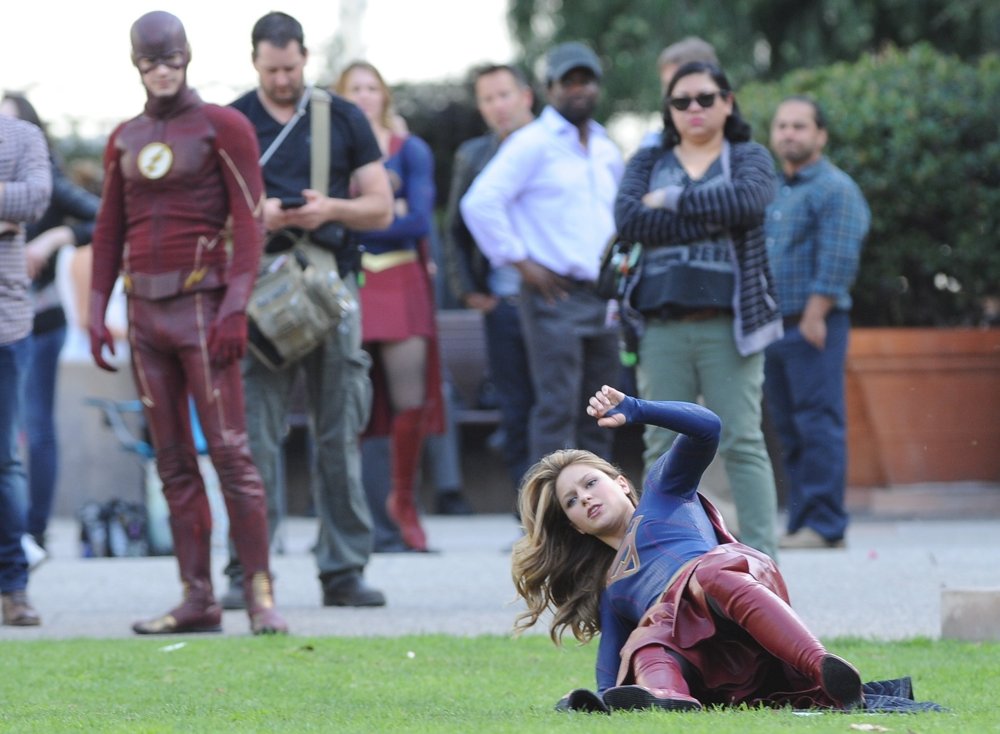Grant Gustin;Melissa Benoist;<br>Filming Scenes for Supergirl