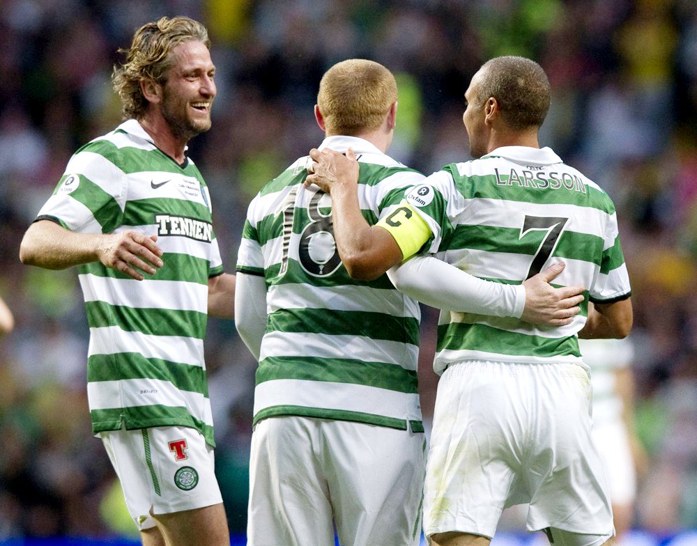 Gerard Butler;Henrik Larsson;<br>The John Kennedy Testimonial Match Between Celtic and Manchester United