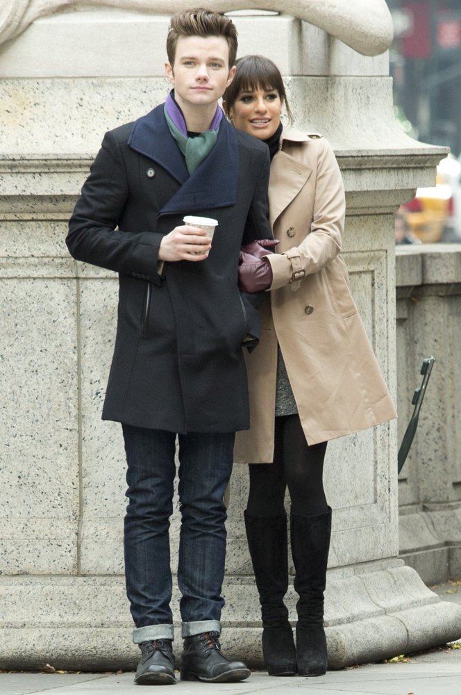 Chris Colfer;Lea Michele;<br>Glee Filming Outside The New York Public Library