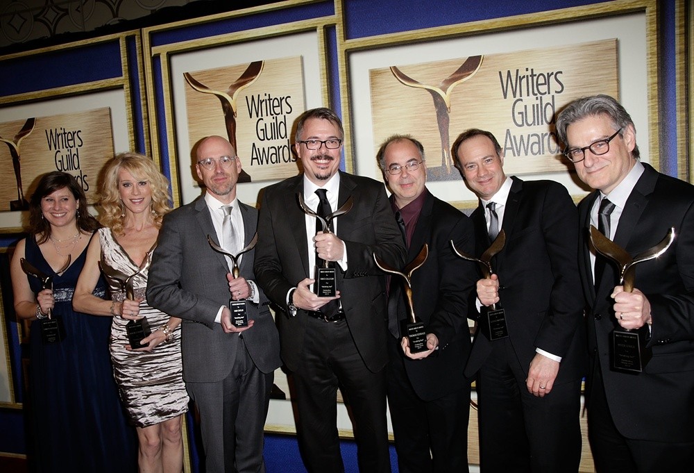 Gennifer Hutchison;Moira Walley-Beckett;Sam Catlin;Vince Gilligan;Thomas Schnauz;George Mastras;Peter Gould;<br>The 66th Annual Writer's Guild Awards - Press Room