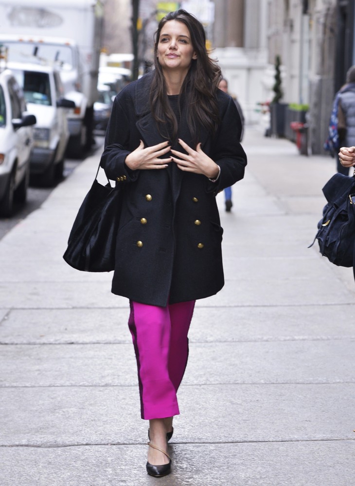 Katie Holmes;<br>Katie Holmes Wears A Pair of Vibrant Fuchsia Pink Trousers While Out and About in Midtown