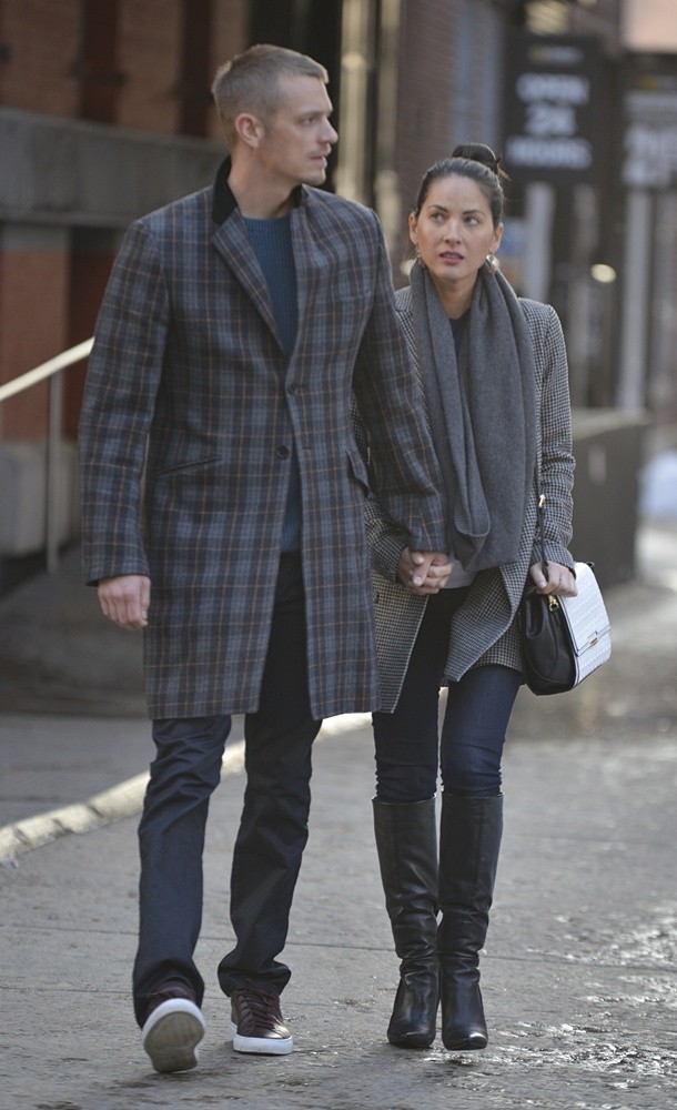 Joel Kinnaman and Olivia Munn walking in Tribeca