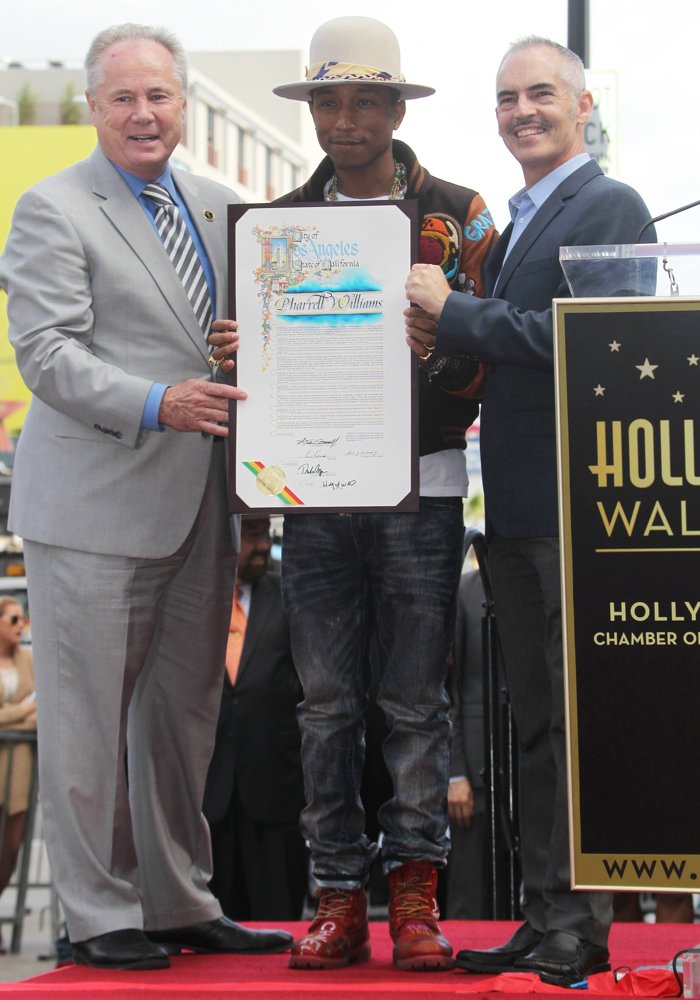 Tom LaBonge;Pharrell Williams;Mitch O'Farrell;<br>Pharrell Williams Honored with A Star on The Hollywood Walk of Fame