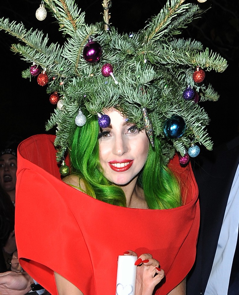 Lady GaGa;<br>Lady GaGa Seen Arriving Back from Jingle Bell Ball Dressed as A Christmas Tree