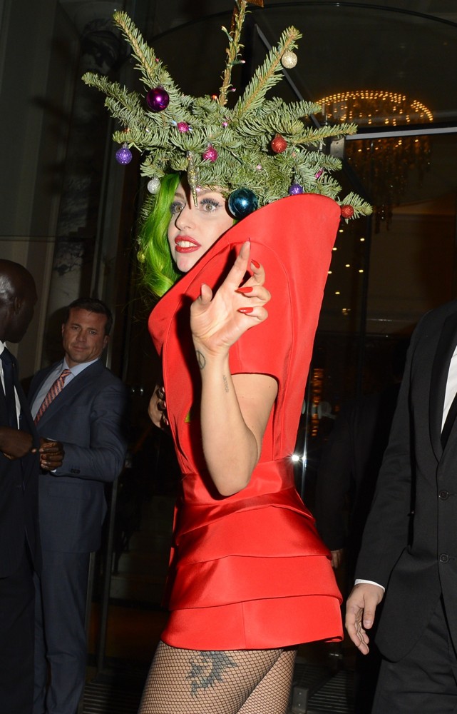 Lady GaGa;<br>Lady GaGa Seen Arriving Back from Jingle Bell Ball Dressed as A Christmas Tree
