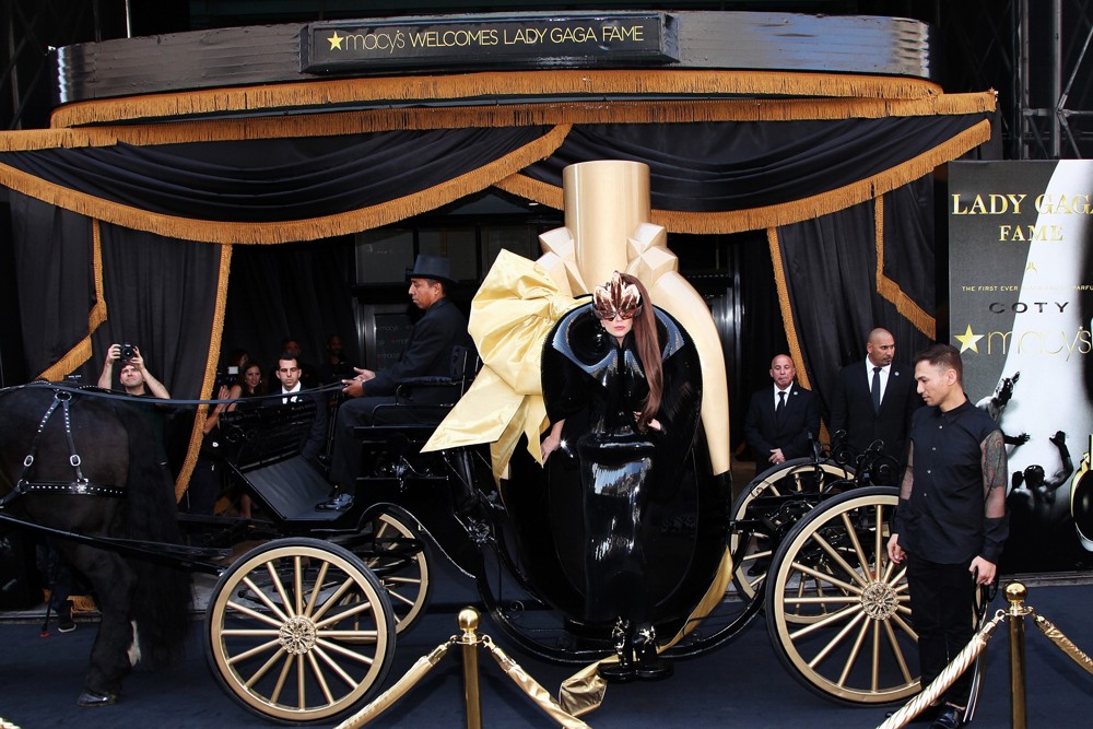 Lady GaGa;<br>Lady GaGa Arrives for Her Fame Fragrance Launch in A Horse-Drawn Carriage