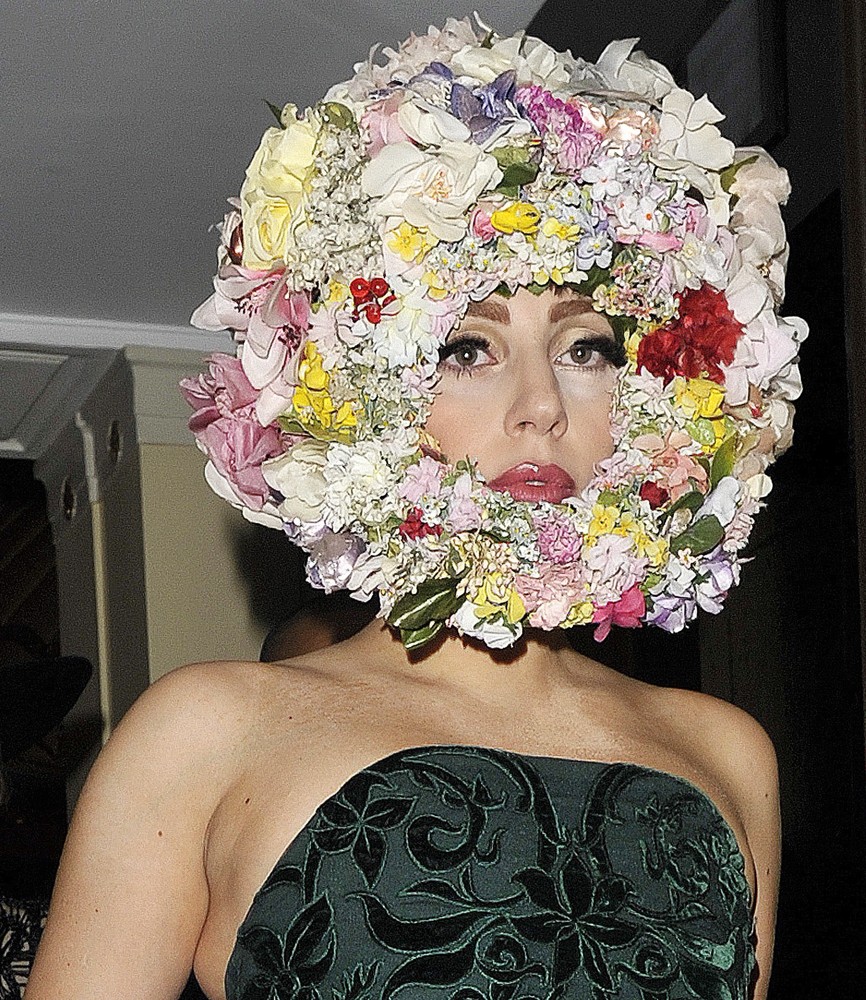 Lady GaGa;<br>Lady GaGa Leaving Her Hotel Wearing A Green Dress and A Headpiece Made of Flowers