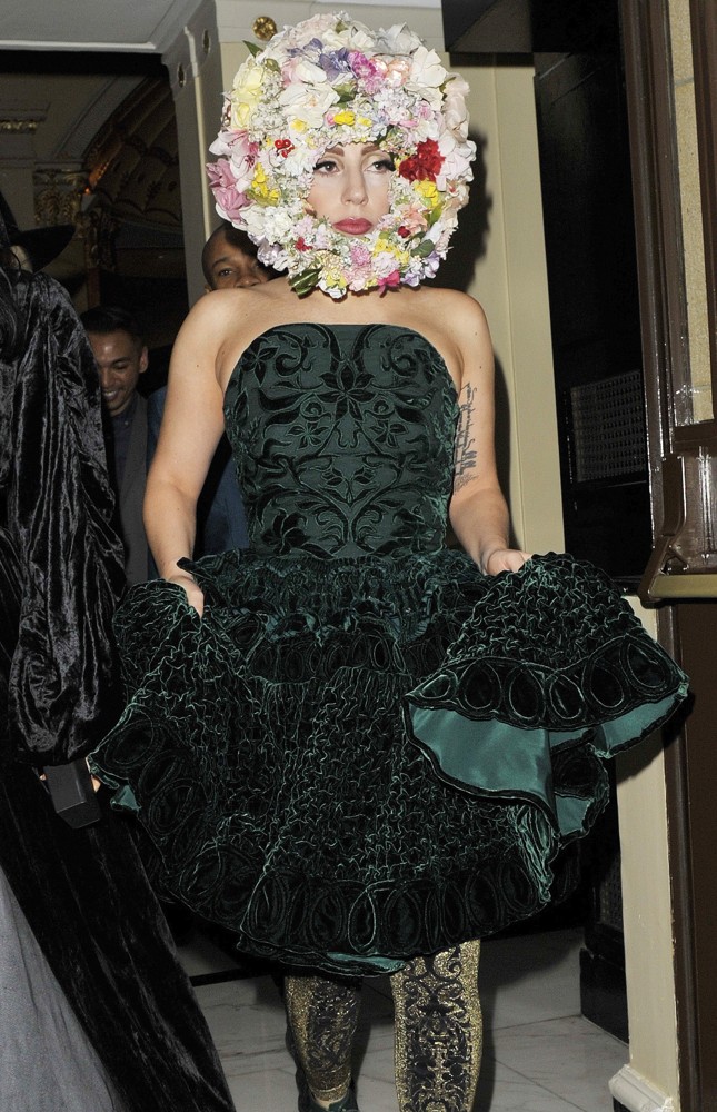 Lady GaGa;<br>Lady GaGa Leaving Her Hotel Wearing A Green Dress and A Headpiece Made of Flowers