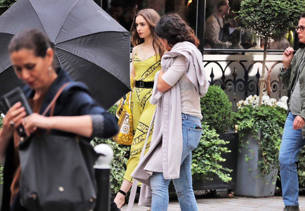 Lily Collins;<br>Lily Collins Seen Filming Scenes for Netflix Series Emily in Paris