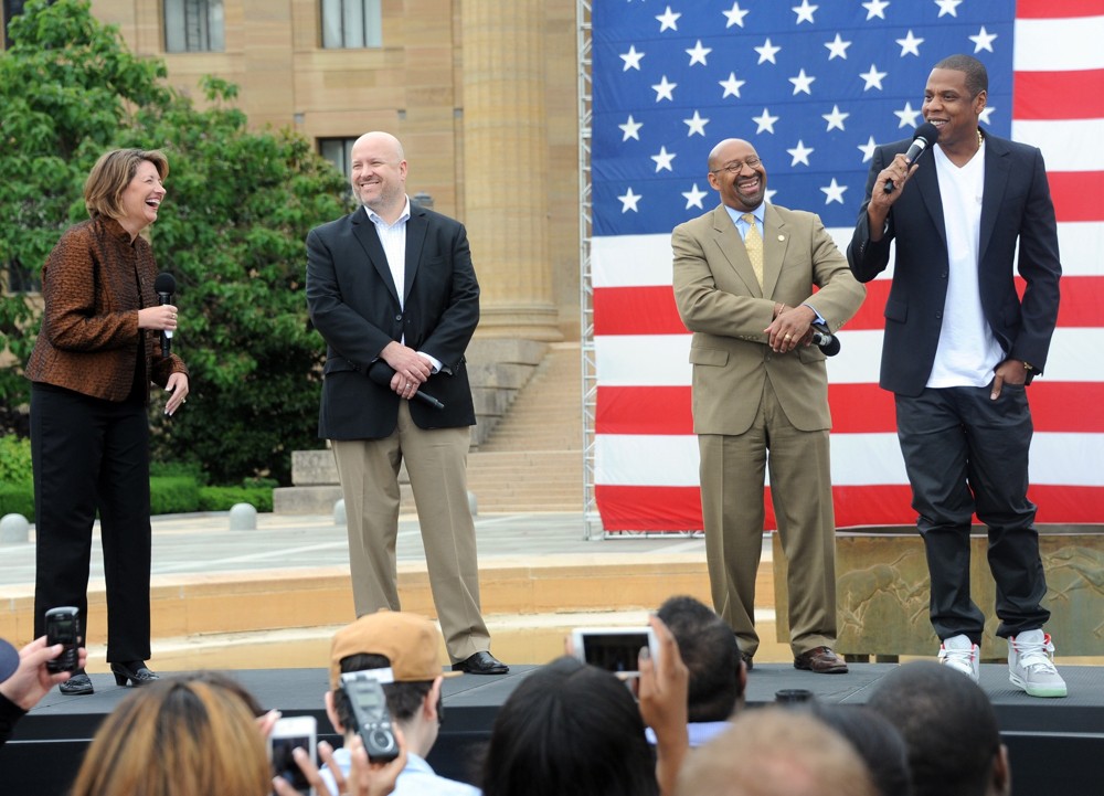 Jill Michael;Paul Chibe;Michael Nutter;Jay-Z;<br>Jay-Z Press Conference on The Steps of The Philadelphia Museum of Art