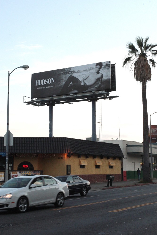 Patrick Schwarzenegger;<br>Patrick Schwarzenegger Poses Shirtless for Hudson Jeans on A Sunset Boulevard Billboard