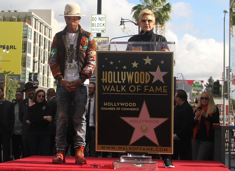 Pharrell Williams;Ellen DeGeneres;<br>Pharrell Williams Honored with A Star on The Hollywood Walk of Fame
