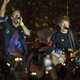 Chris Martin, Will Champion, Ed Sheeran, Coldplay in Coldplay Performing at O2 Shepherds Bush Empire