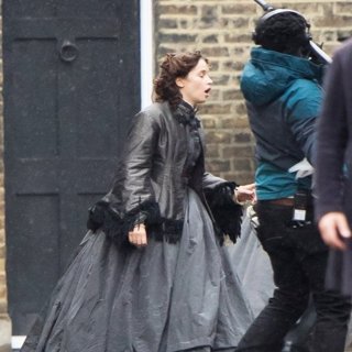 Felicity Jones Films The Aeronauts in Pouring Rain