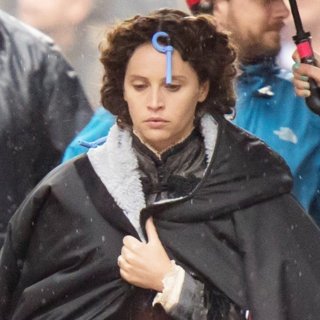 Felicity Jones Films The Aeronauts in Pouring Rain
