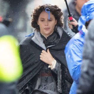 Felicity Jones Films The Aeronauts in Pouring Rain