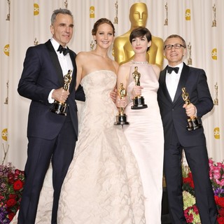Daniel Day-Lewis, Jennifer Lawrence, Anne Hathaway, Christoph Waltz in The 85th Annual Oscars - Press Room