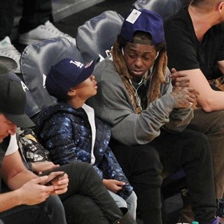 Lil Wayne at The Los Angeles Lakers Game with His Son