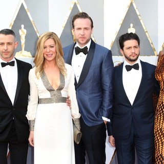 Hamish Linklater, Jeremy Strong, Dede Gardner, John Magaro, Effie Brown in 88th Annual Academy Awards - Red Carpet Arrivals