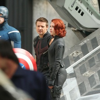 Chris Evans, Jeremy Renner, Scarlett Johansson in On The Film Set of The Avengers
